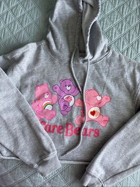 Care Bears Gray Cropped Hoodie with Pink & Purple Bear Graphics